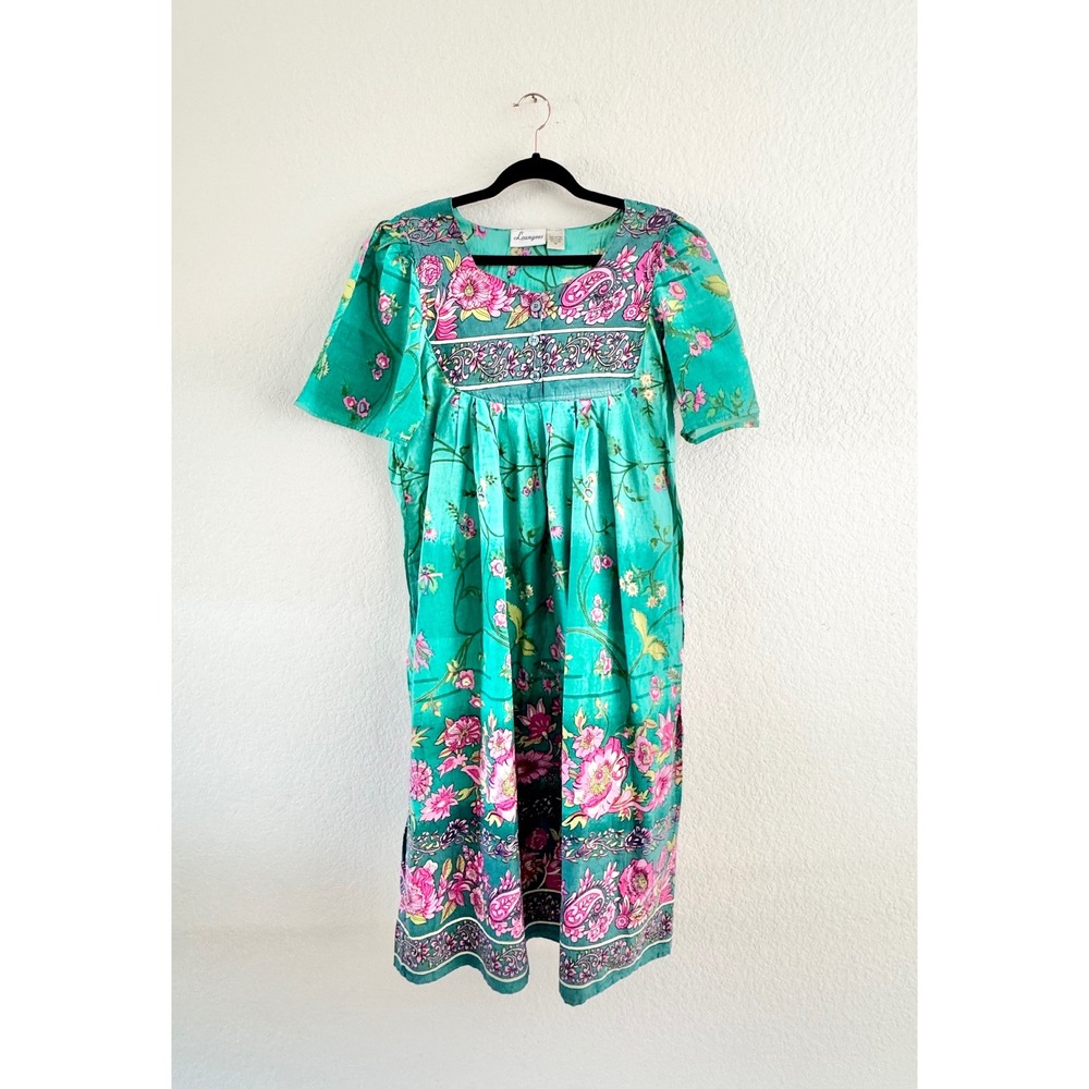 Loungees Floral Midi Dress Womens Medium Teal Pink Cotton Vintage Pockets India